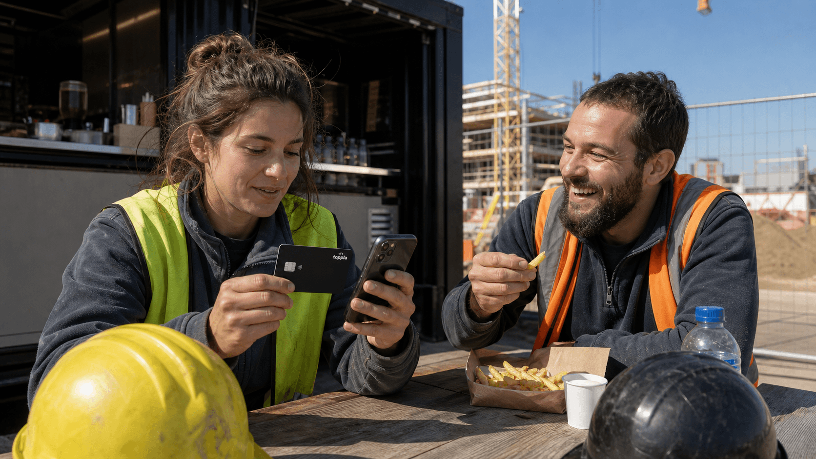 Two employees use the Toppla card on an assignment